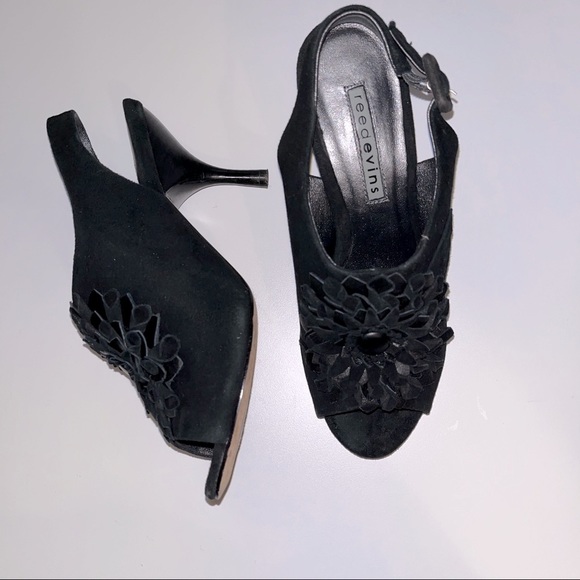 Reed Evins Shoes - Reed Evins, Black Suede Flower Motif Sling Backs